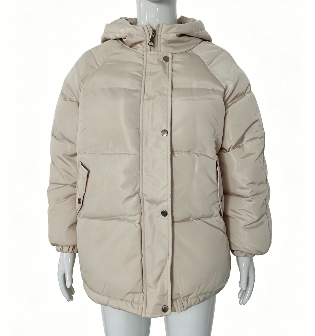 Women's Oversized Quilted Coat with Hood, Snap Button Closure and Elastic Hem Mune Fashion