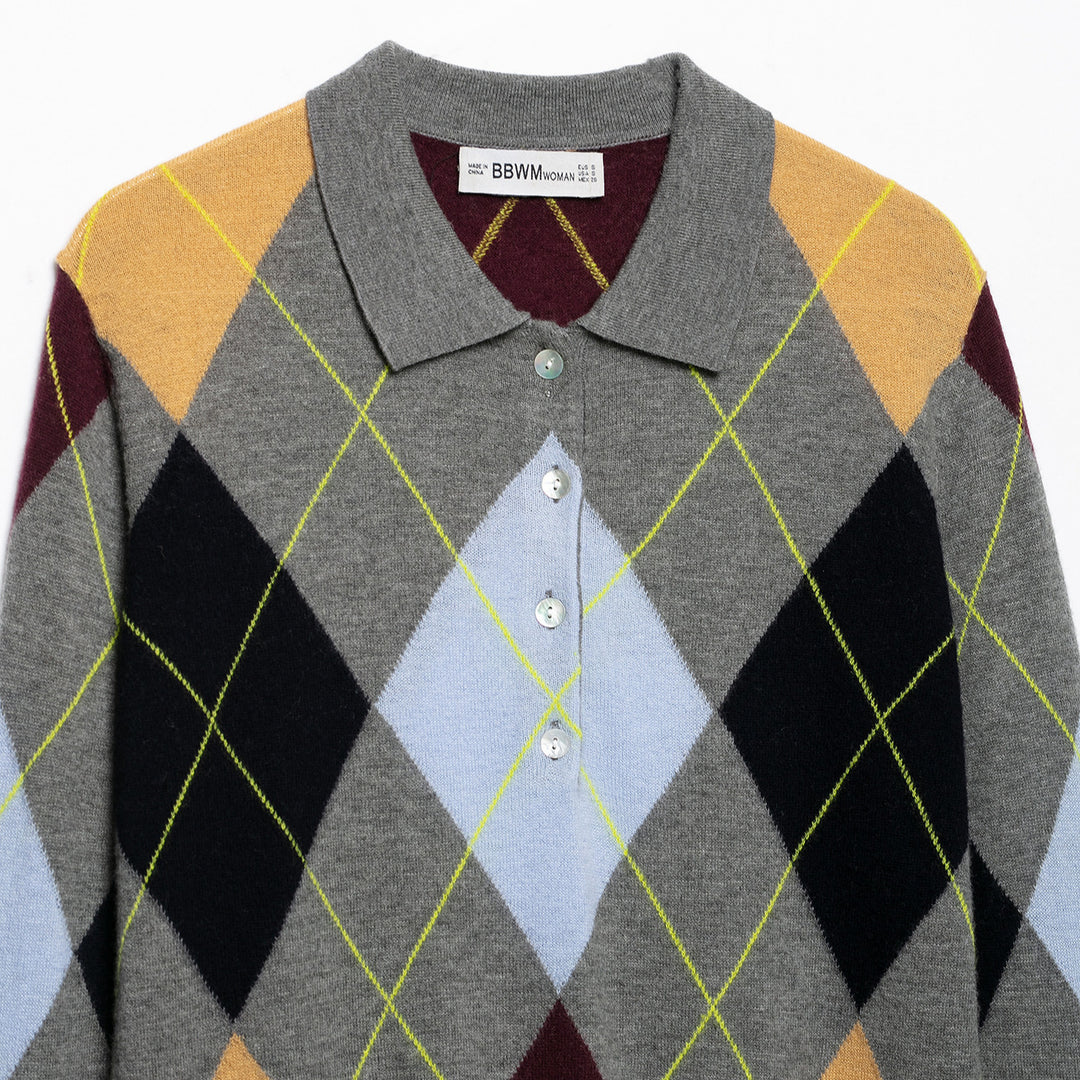 Women's knit polo shirt with diamond pattern and button placket Mune Fashion