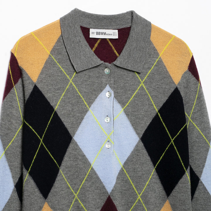 Women's knit polo shirt with diamond pattern and button placket Mune Fashion