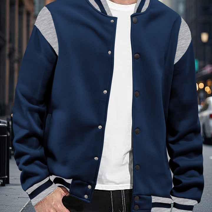 Men's light baseball jacket in sweat quality with snap button placket, ribbed collar and contrasting shoulder yoke Mune Fashion