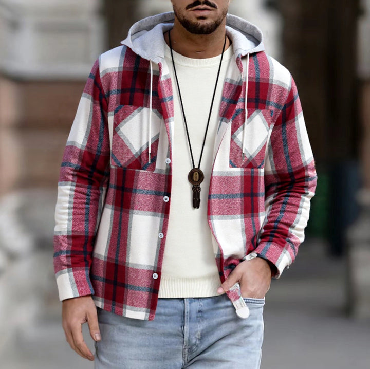 Men's checkered shirt jacket with hood, button placket and chest pockets EB