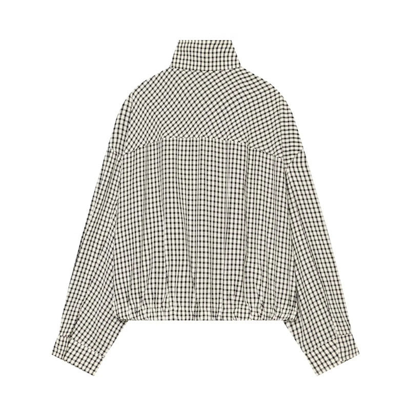 Women's short-cut boxy blouse in Vichy check with stand-up collar and elastic hem Mune Fashion