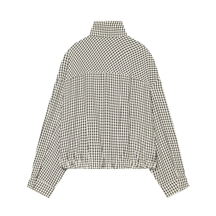 Women's short-cut boxy blouse in Vichy check with stand-up collar and elastic hem Mune Fashion