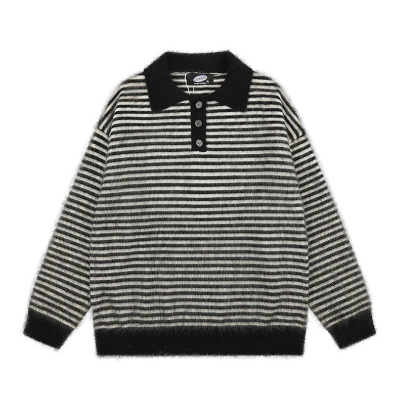 Women's Fluffy Knit Polo with Stripes, Contrasting Collar and Button Placket Mune Fashion