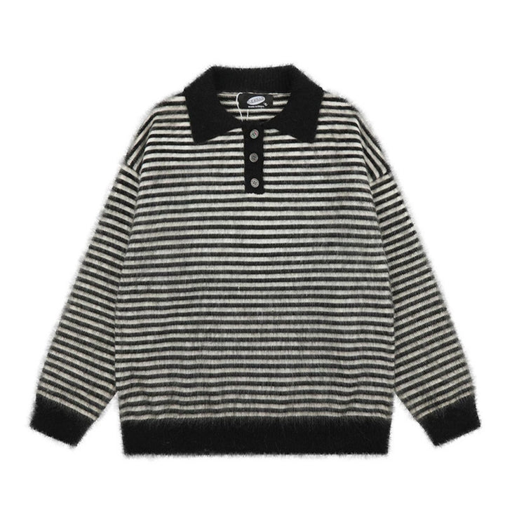 Women's Fluffy Knit Polo with Stripes, Contrasting Collar and Button Placket Mune Fashion