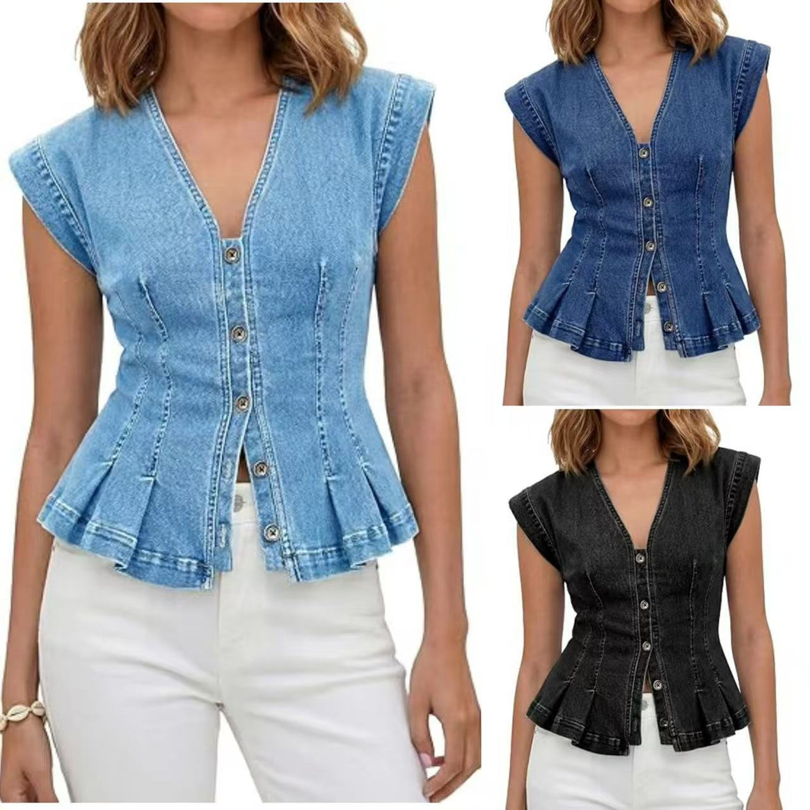 Women Tailored Jeans Top with Peplum and Button Placket Mune Fashion