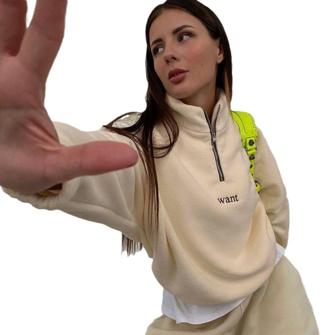 Ladies Fleece Half-Zip Sweatshirt oversized with stand-up collar, kangaroo pocket look and elastic cuffs Mune Fashion