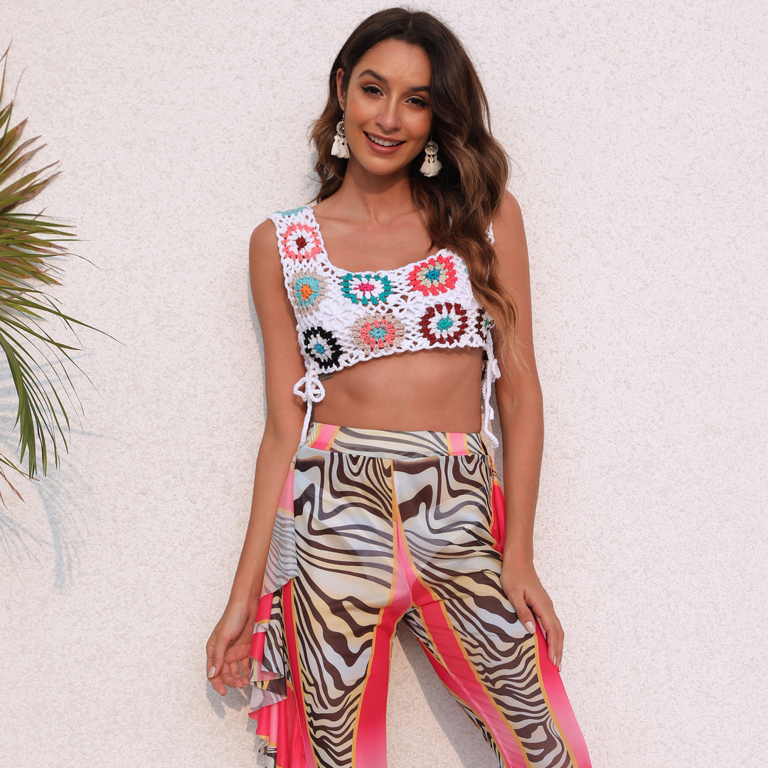 Women's crocheted crop top with colorful floral patterns Mune Fashion
