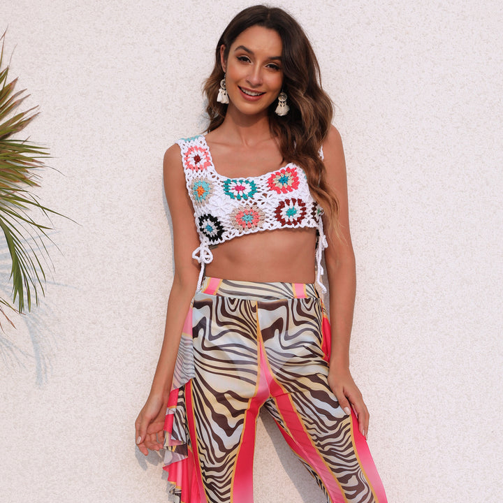 Women's crocheted crop top with colorful floral patterns Mune Fashion