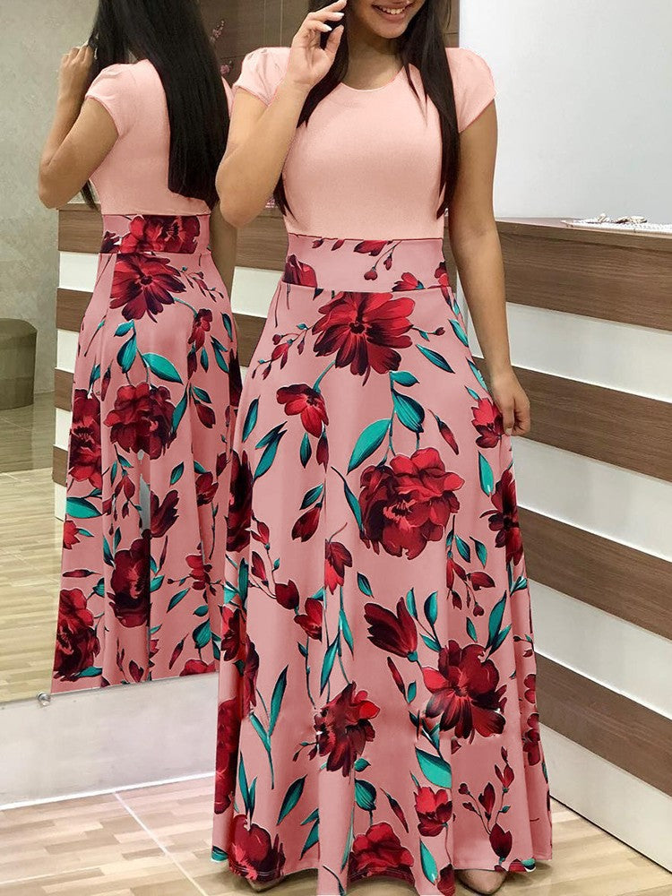 Women's two-piece look maxi dress with fitted jersey top and wide floral skirt Mune Fashion