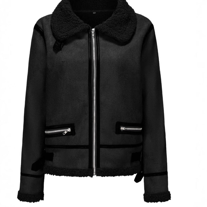 Women Short Cut Aviator Sheepskin Imitation Jacket with Teddy Lining and Faux Leather Trim Mune Fashion