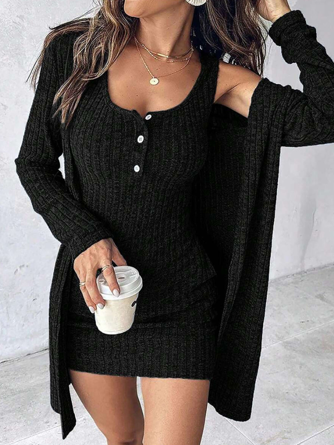 Women's Ribbed Twinset made of figure-hugging straps knitted dress and Open Long Cardigan Mune Fashion