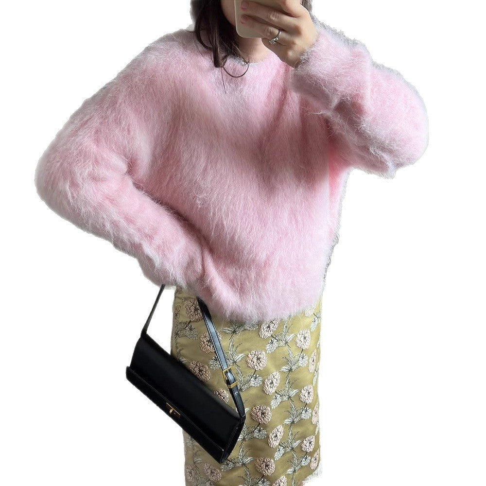 Women's Oversized Mohair Sweater with Fluffy Texture and Round Neckline Mune Fashion