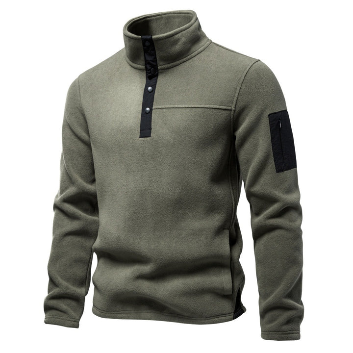 Men's fleece pullover with stand-up collar, snap button placket, and arm pocket Mune Fashion