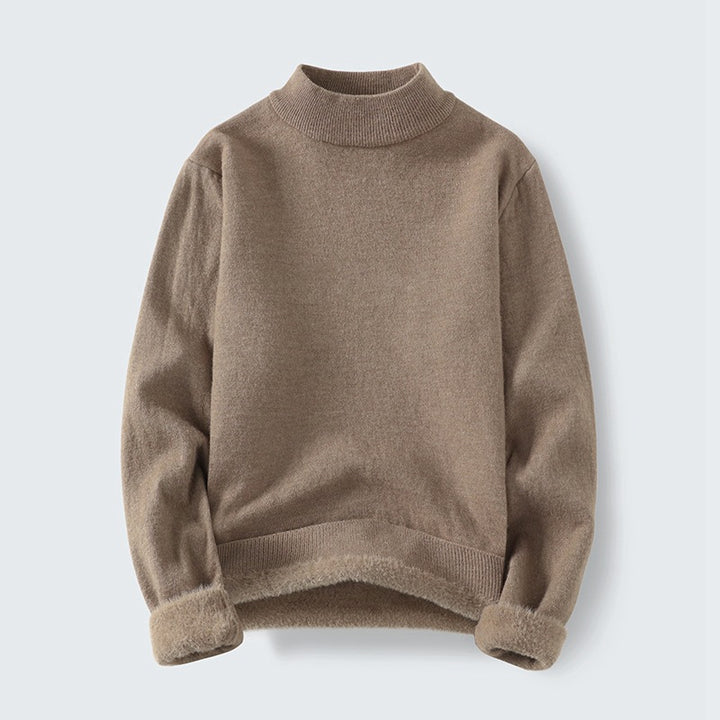Women's fine knit mock neck pullover with warming fleece lining and turned-down teddy cuffs Mune Fashion
