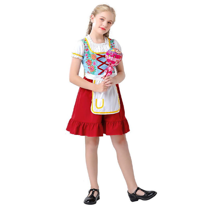 Women's nostalgic traditional costume dress with laced bodice, ruffled collar and removable apron Mune Fashion