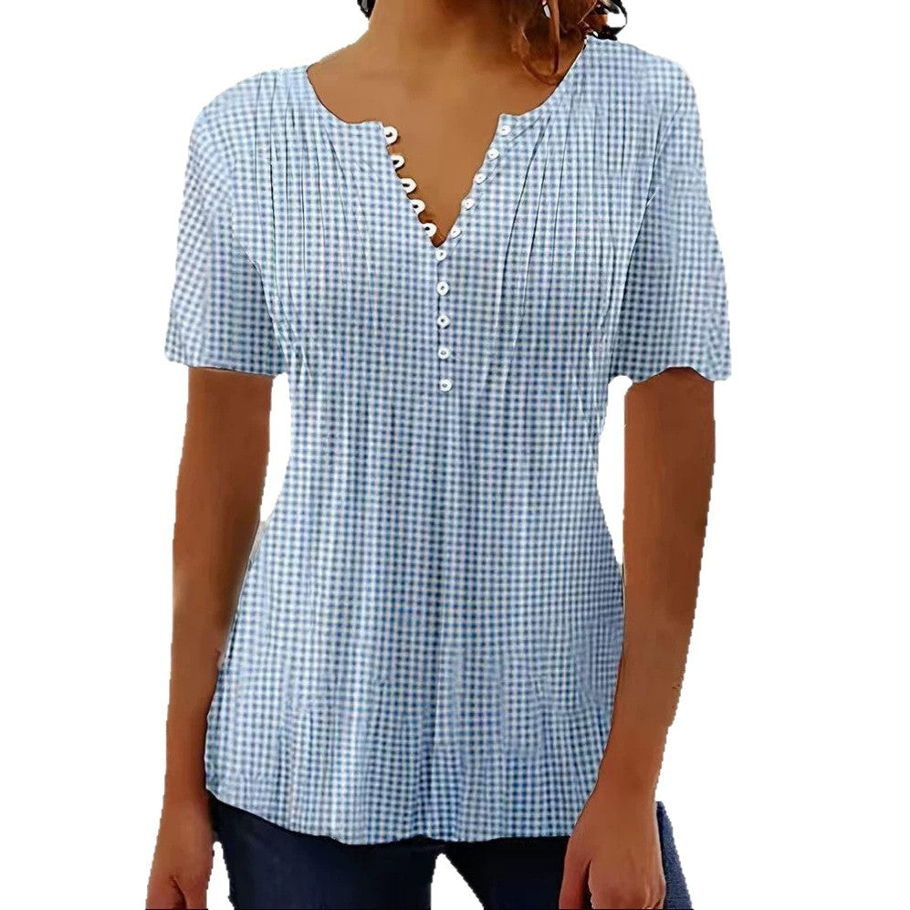 Ladies' lightweight checked blouse with V-neck, decorative button placket and tiered ruffle Mune Fashion
