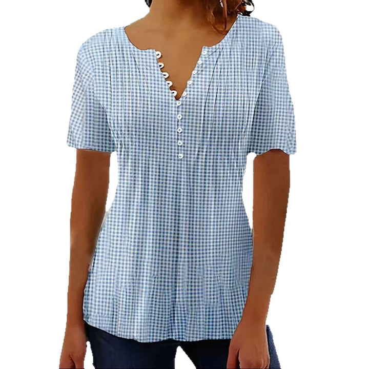 Ladies' lightweight checked blouse with V-neck, decorative button placket and tiered ruffle Mune Fashion