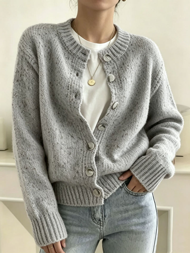 Women's chunky knit short cardigan with round neckline and marled tweed effect Mune Fashion