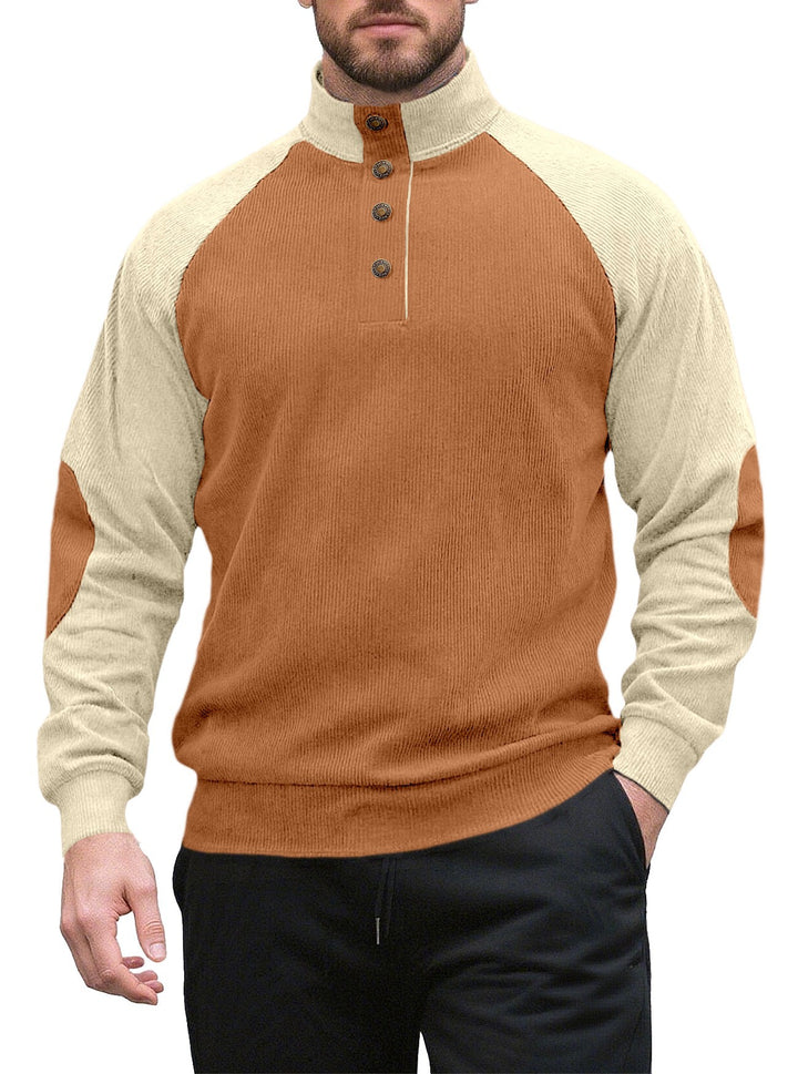 Men's two-tone ribbed troyer with asymmetrical button placket and velour elbow patches Mune Fashion