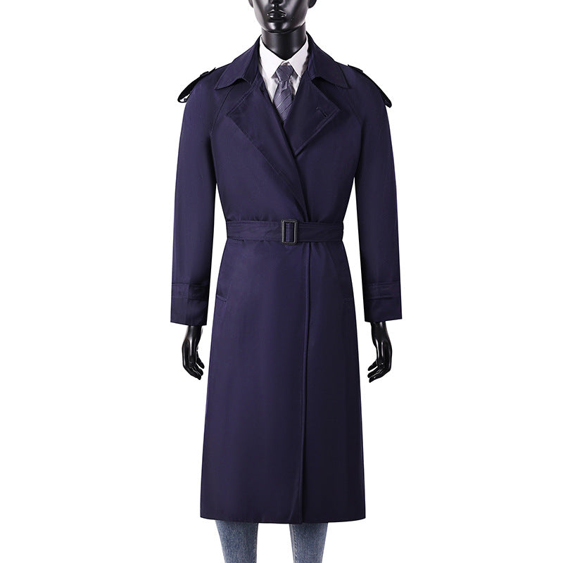 Men's elegant knee- to calf-length trench coat with concealed button placket and shoulder epaulettes Mune Fashion