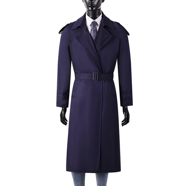Men's elegant knee- to calf-length trench coat with concealed button placket and shoulder epaulettes Mune Fashion