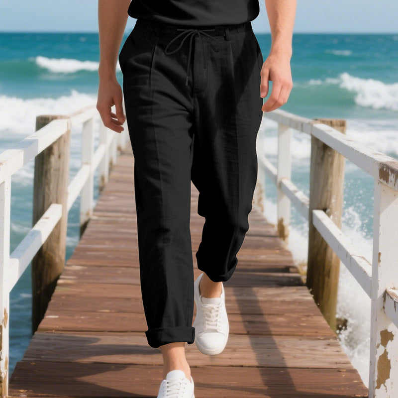 Men's beach-suitable linen blend lounge pants with elastic drawstring, subtle pleat, and rolled ankle hem Mune Fashion