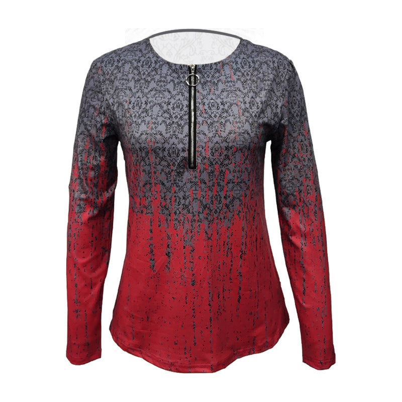 Women's Long Sleeve Shirt with Zip V-Neck and Structured Ombre Print Mune Fashion