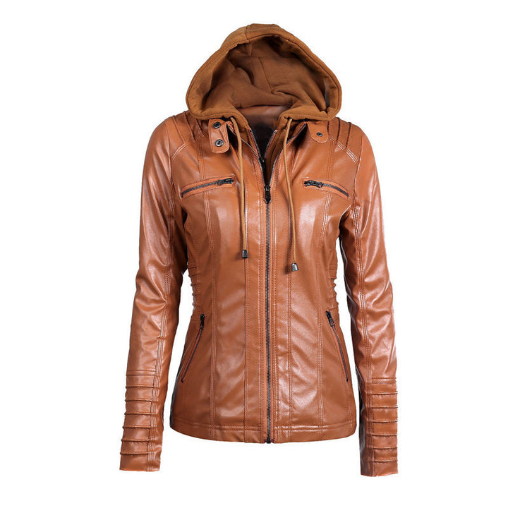 Women's Slim-Fit Faux Leather Jacket with Hood, Padded Sleeves and Zipper Pockets Mune Fashion