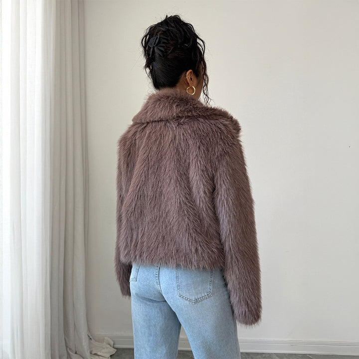 Women's short faux fur jacket with standing collar, concealed zipper and wide sleeves Mune Fashion