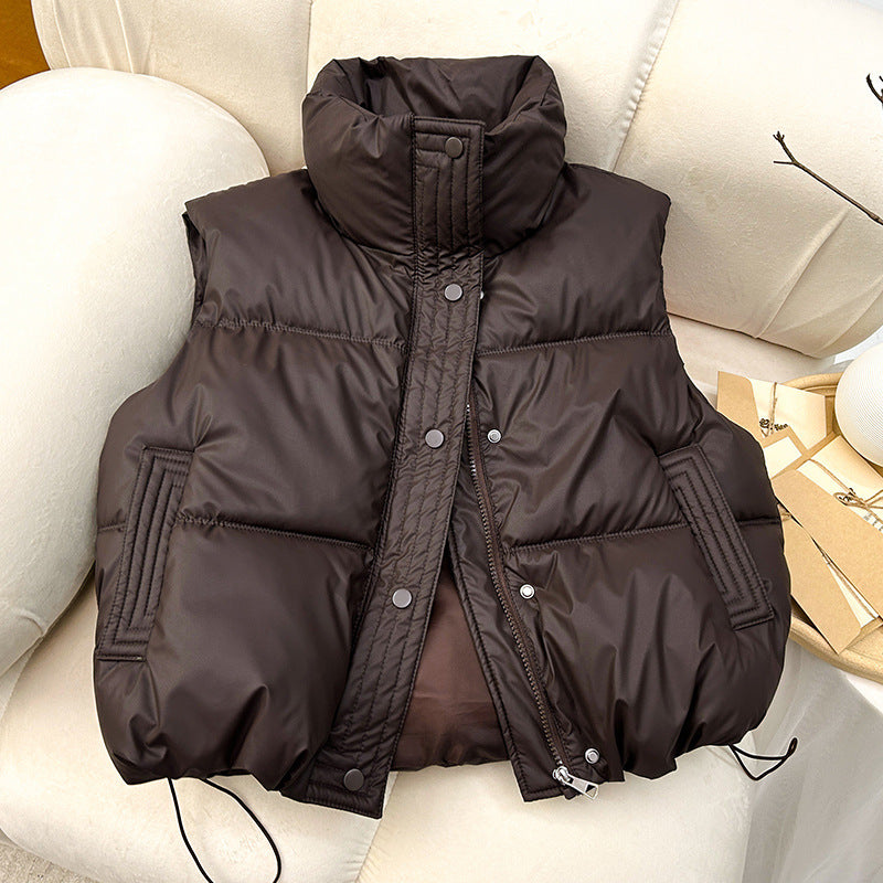 Women Quilted Padded Vest with High Collar and Drawstring Mune Fashion