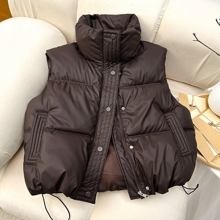 Women Quilted Padded Vest with High Collar and Drawstring Mune Fashion