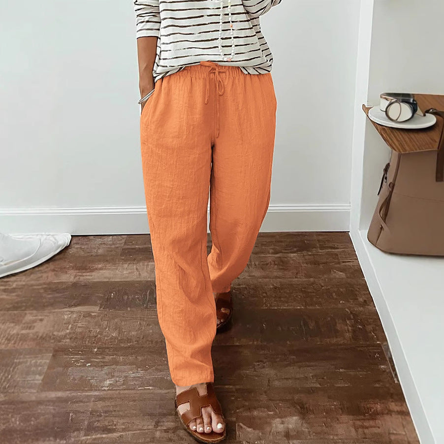 Women's lightweight linen look pants with elastic drawstring, front pockets and wide leg Mune Fashion