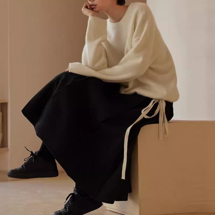 Women’s High-Waisted Midi A-Line Skirt made of Wool Blend with Pleats and Decorative Tab Mune Fashion