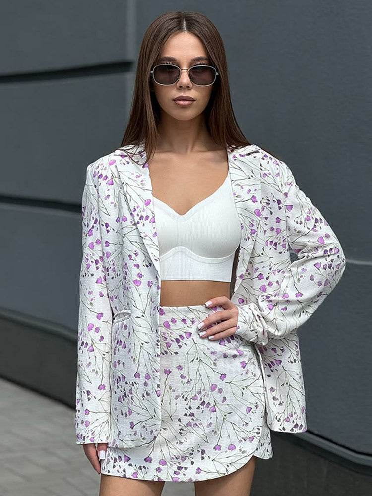 Women Floral Blazer and Mini Skirt Set made of textured Cotton Blend Mune Fashion