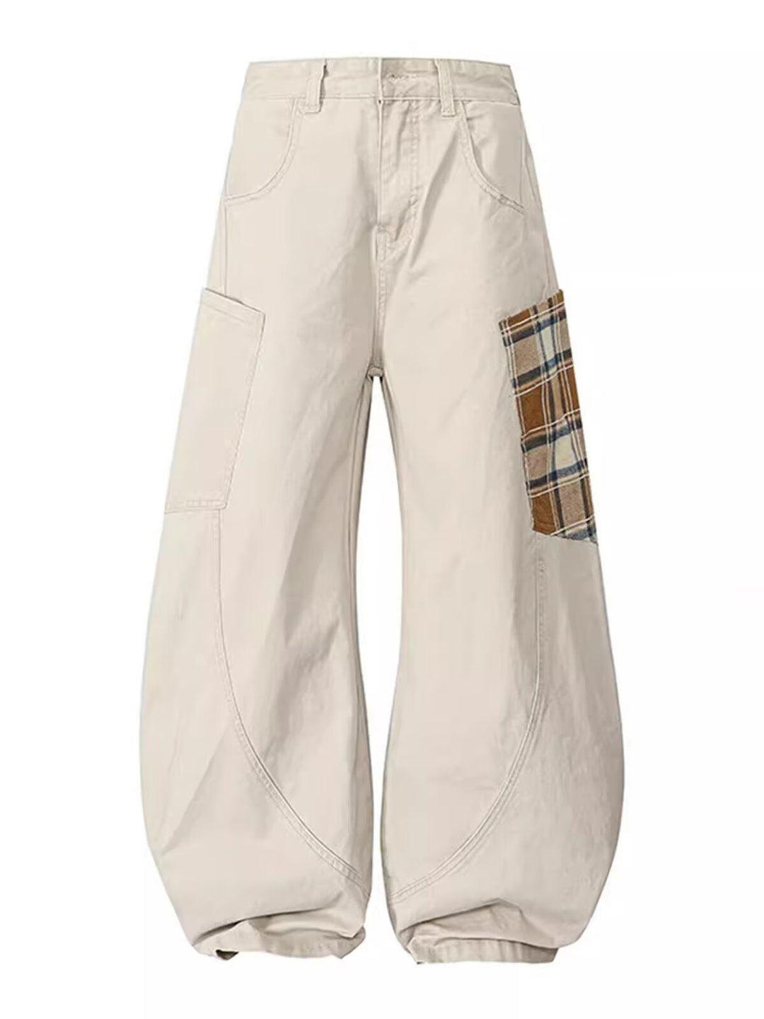 Women Wide-Cut Cargo Pants with Checkered Pattern Mune Fashion