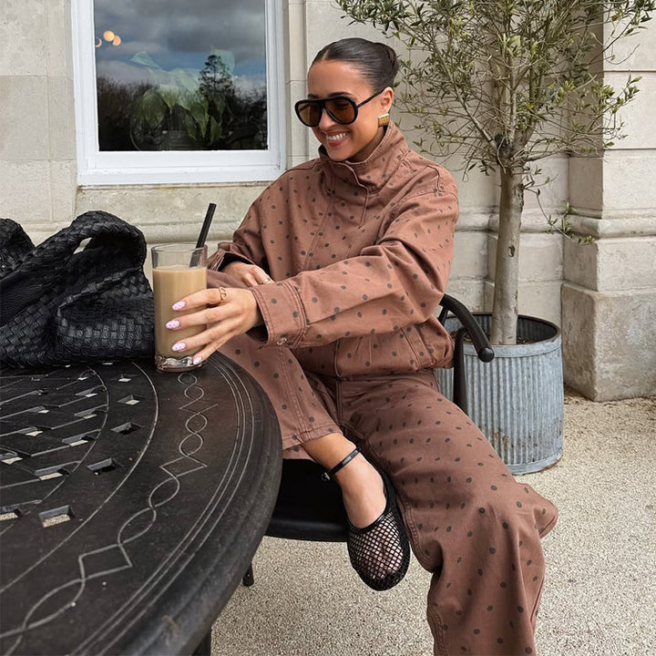Women Two-Piece Polka Dot Loungewear Set made of Cotton Blend with Boxy Jacket and High-Waisted Wide Leg Pants Mune Fashion