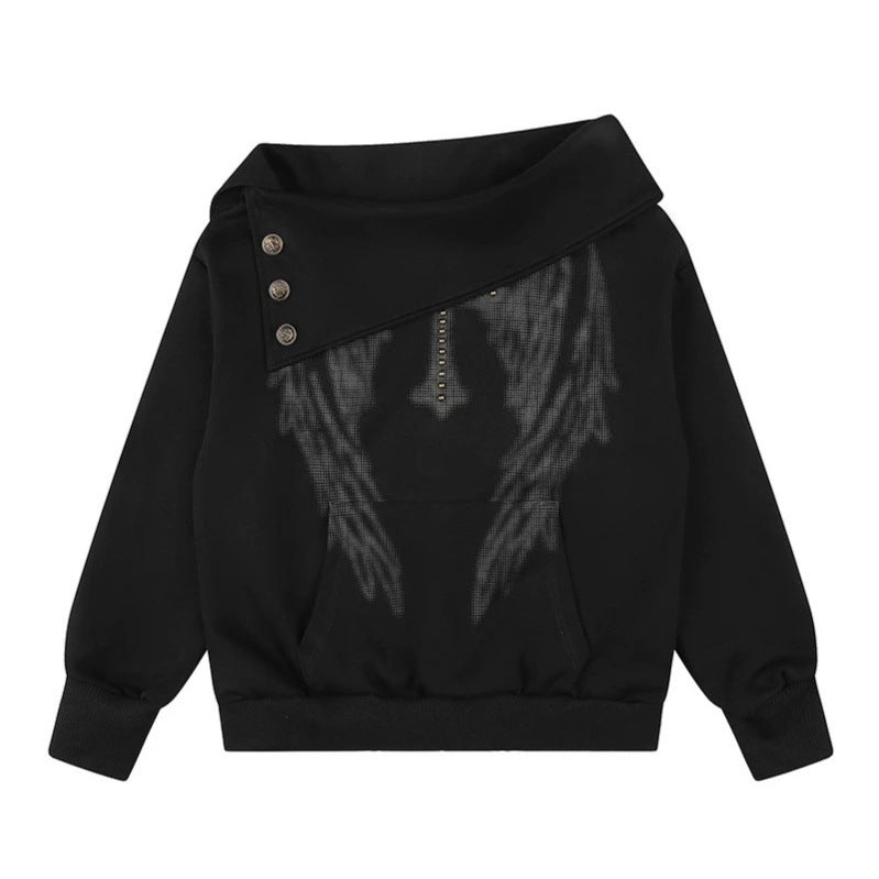 Women Asymmetric Sweatshirt with Wide Collar, Decorative Button Placket and Bead Application Mune Fashion