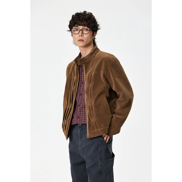 Men's Velour Leather Look Blouson Jacket with Pleated Yoke and Stud Detail Mune Fashion
