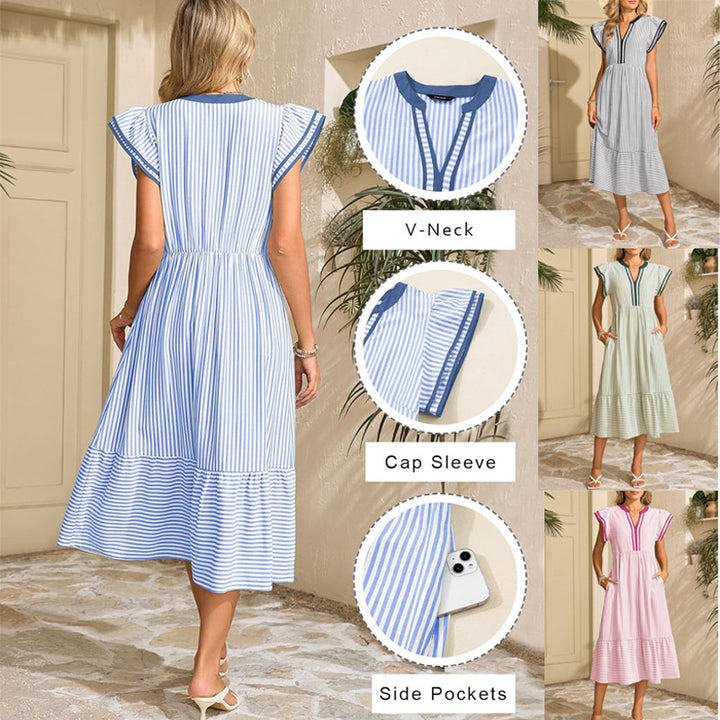 Women’s Maritime Midi Dress with Vertical Stripes, V-Neck and Ruffle Tier Mune Fashion