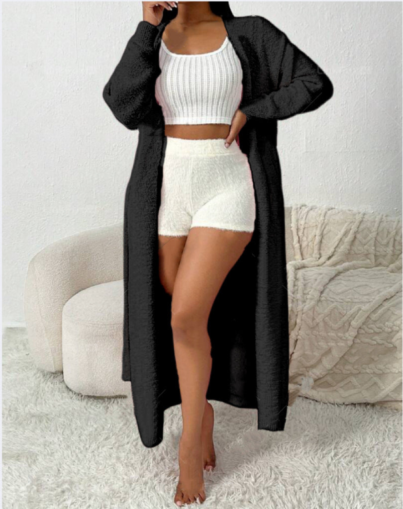 Women's Long Wrap Cardigan in Fuzzy Look with Tie Belt Mune Fashion