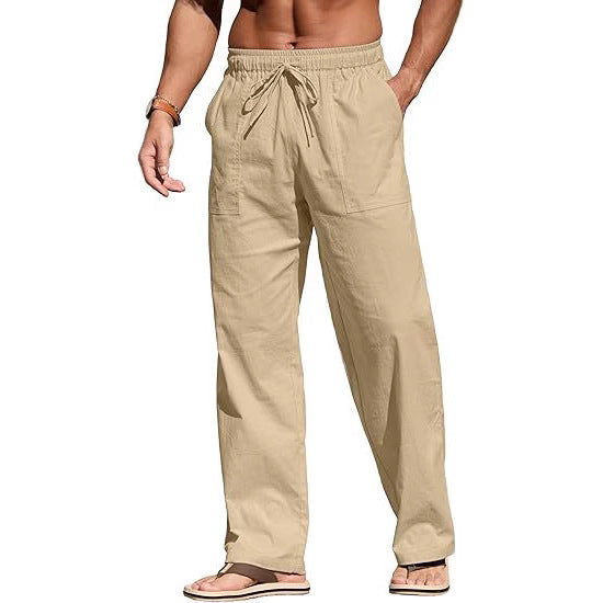 Men's lightweight linen pants with elastic waistband, drawstring, and patch pockets Mune Fashion