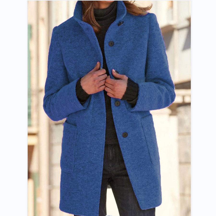 Women's Mid-Length Wool Blend Coat with Stand Collar and Patch Pockets Mune Fashion