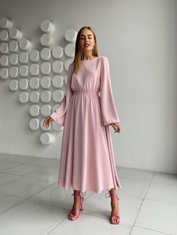 Women Flowing Midi Dress with Boat Neck Elastic Waist yoke and Flared Cuff Sleeves Mune Fashion