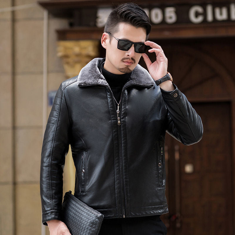 Men's faux leather transitional jacket with full teddy lining and foldable collar Mune Fashion