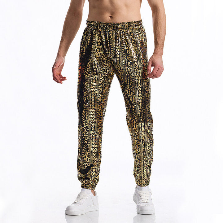 Men's Tapered Jogging Pants with Elastic Waistband, Drawstring and Metallic Circle Print Mune Fashion