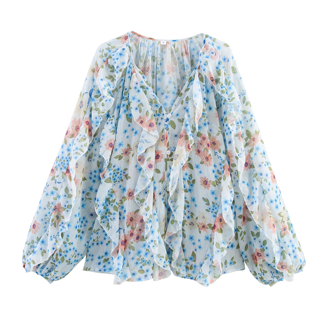 Women's feminine chiffon ruffle blouse with balloon sleeves and V-neck Mune Fashion