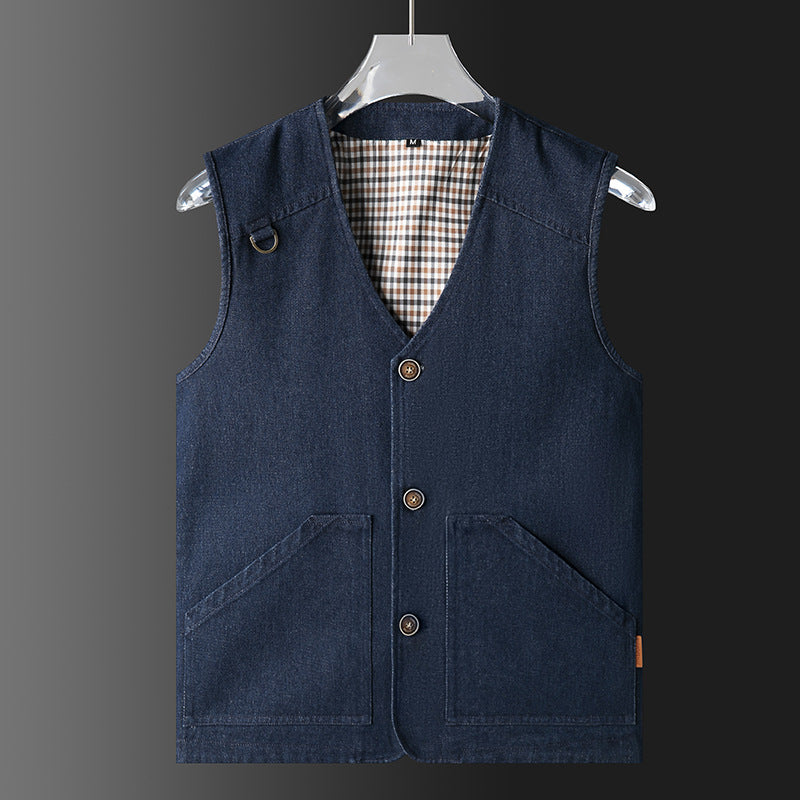 Men's Lightweight Cotton Canvas Vest with Checkered Lining, V-Neck and Large Front Pockets Mune Fashion