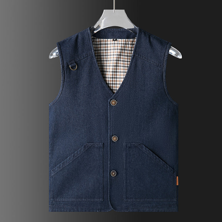 Men's Lightweight Cotton Canvas Vest with Checkered Lining, V-Neck and Large Front Pockets Mune Fashion