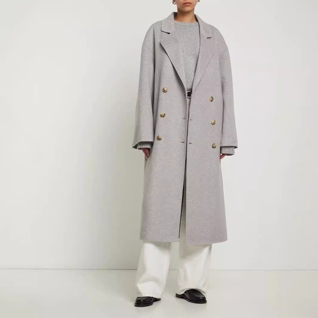 Women Oversize Double-breasted Long Coat with Dropped Shoulder Silhouette and Gold Decorative Buttons Mune Fashion